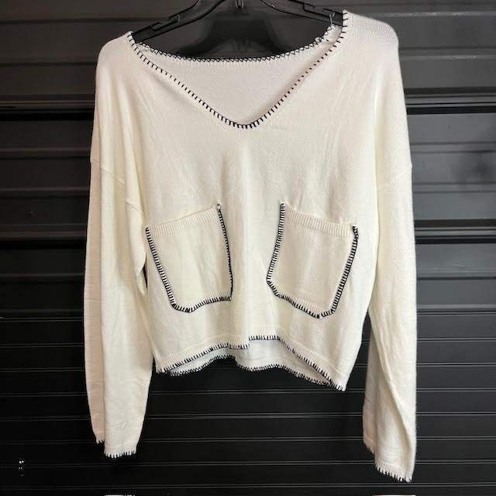 Womens V Neck Sweater Cream‎ Knit Long Sleeve Two Pocket Pullover Top
